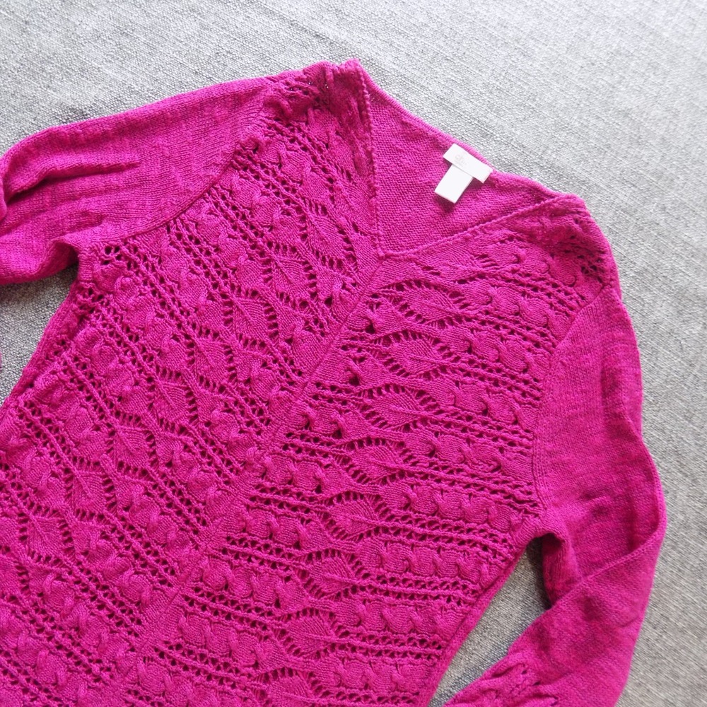Chicos Sweater Womens 0 Small Magenta Pink Good Pointelle Cable Knit V-Neck